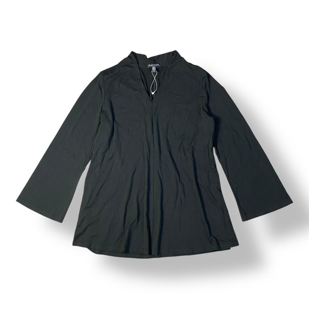 Eileen Fisher NWOT Viscose Jersey Mock V-Neck Top Womens Size M Black
